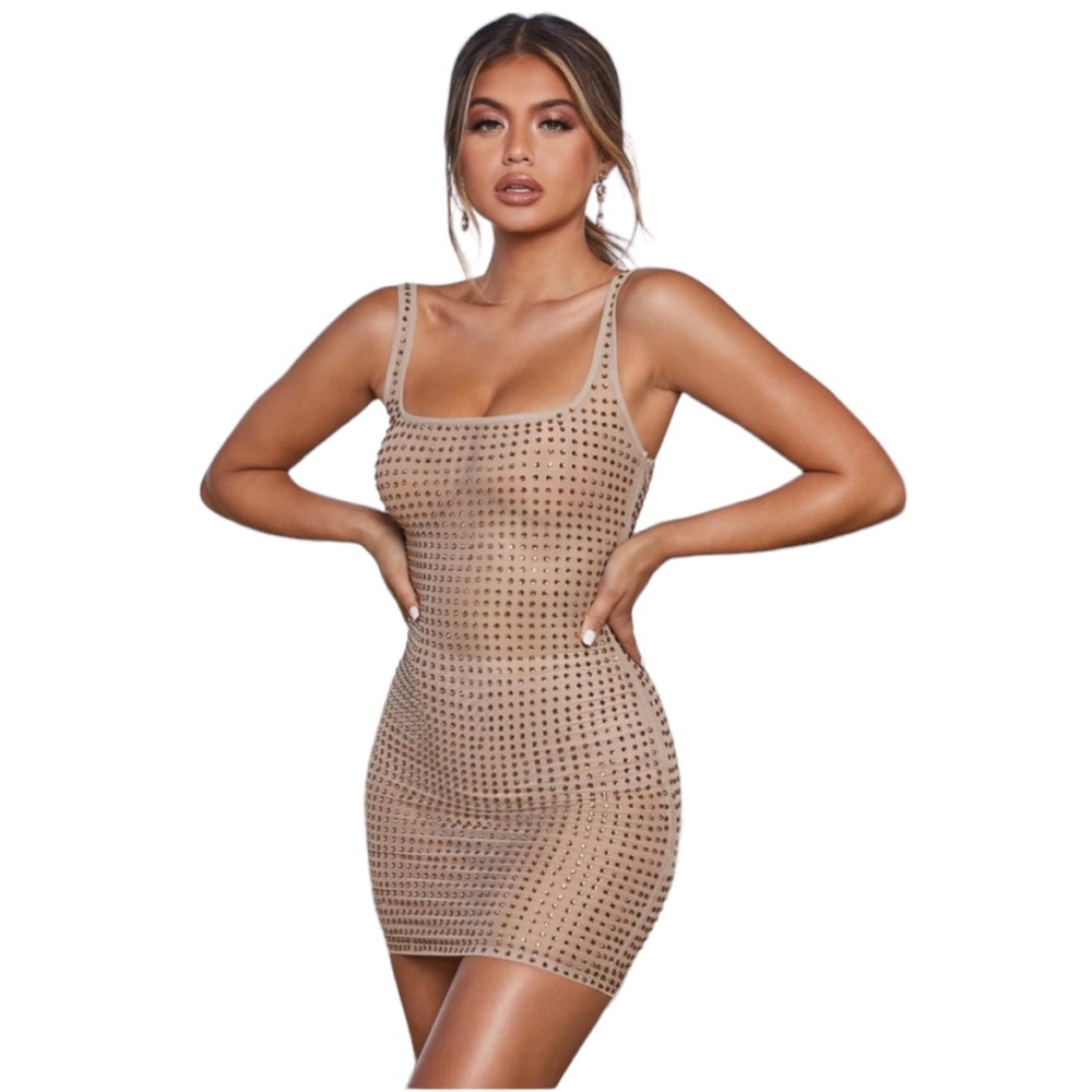 NWT US 4 oh Polly sheer nude rhinestone mini dress